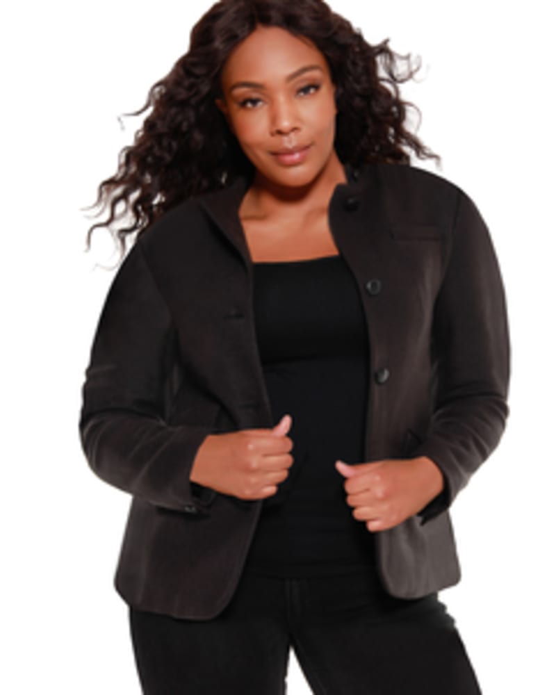 Front of a model wearing a size 1X Cassandra Wool Blend Blazer in Black by Belldini Black Label. | dia_product_style_image_id:246085